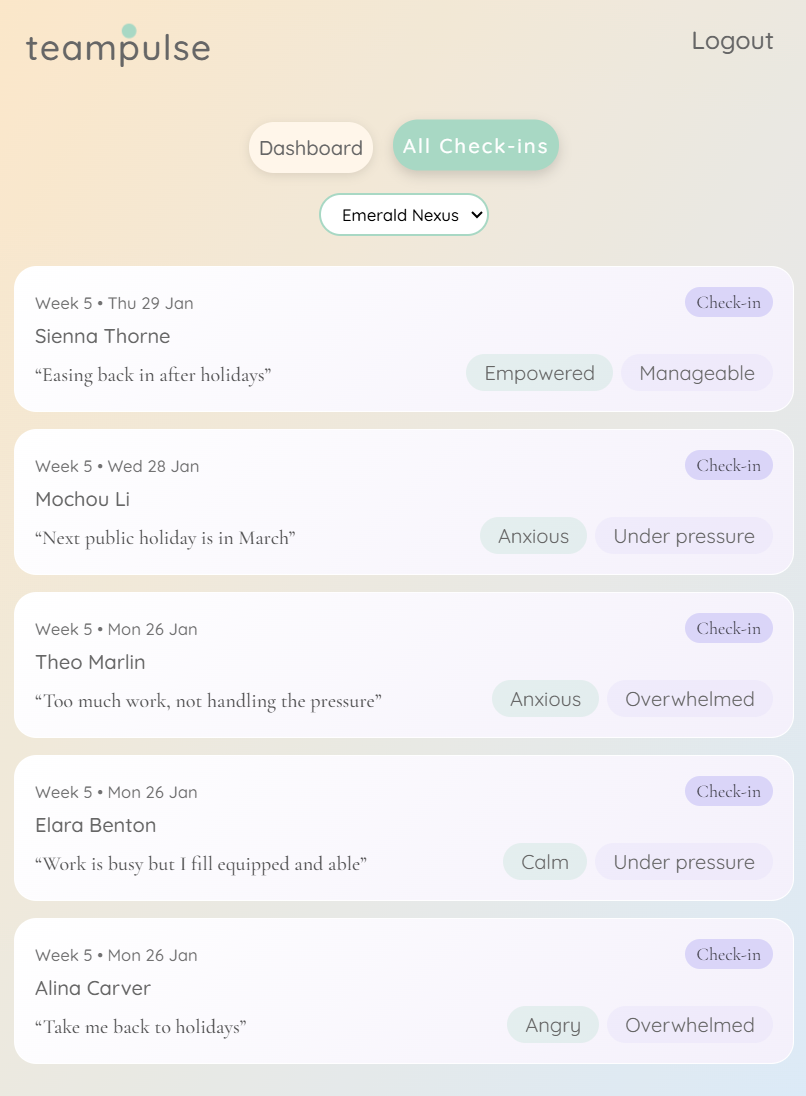 Manager view of Team Pulse list screenshot